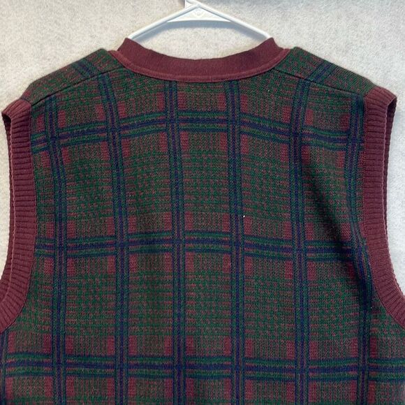 Vtg COLLECTIF Men’s Sweater Vest Wool Blend Button Front Plaid Burgundy Green L - Picture 10 of 11